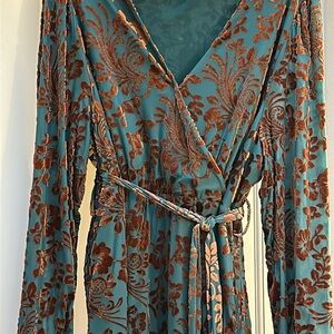 Emerald and Bronze Velvet Maxi Dress with Sheer Sleeves (size 2x)
